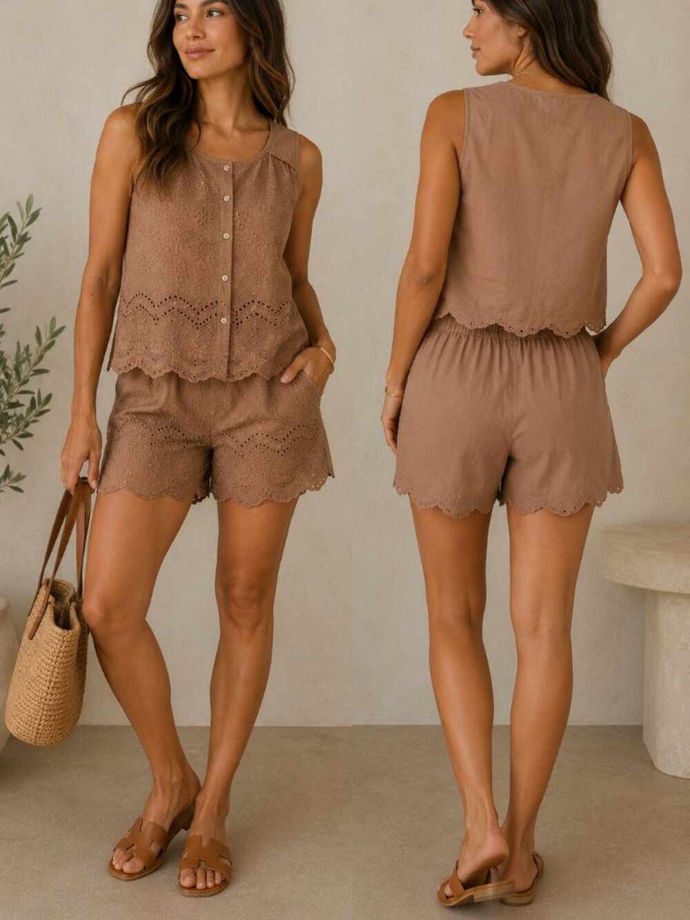 Cotton Eyelet Set in Mocha brown Size Small NWT